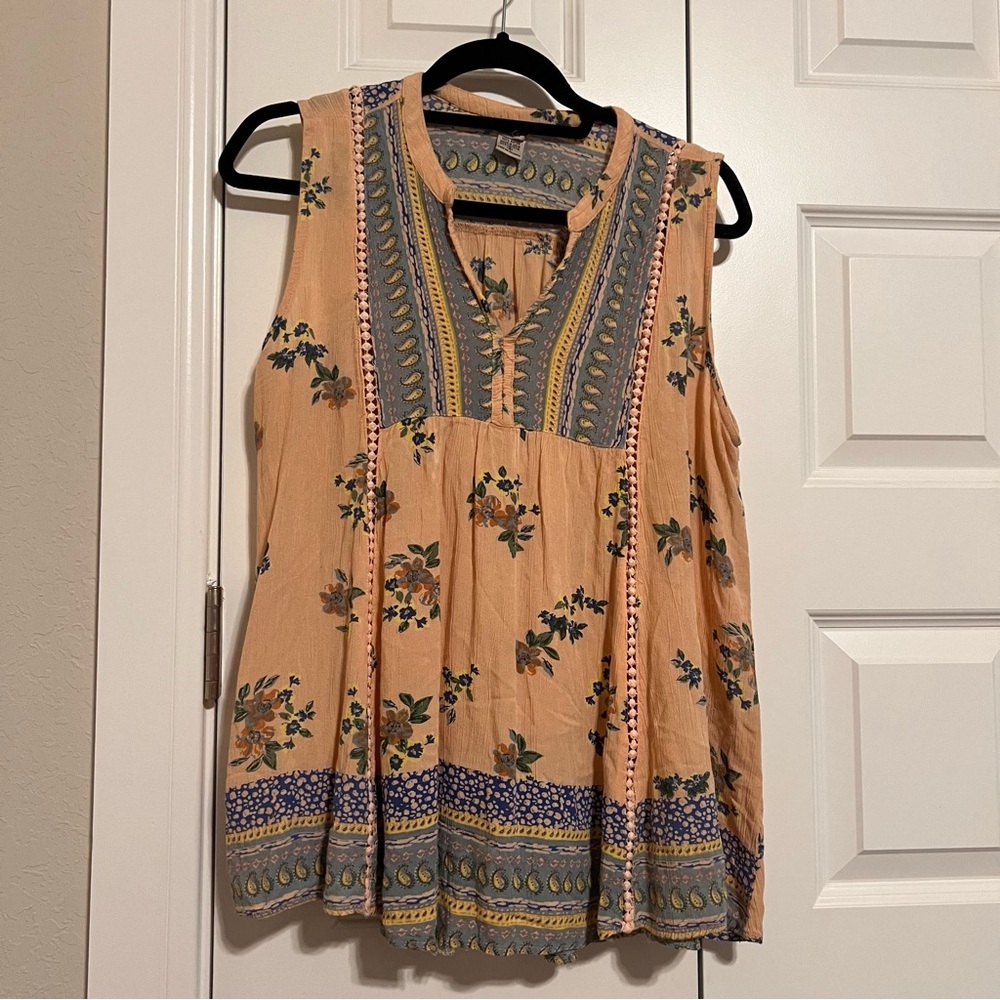 Floral Sleeveless Blouse - Peach and Blue (with flaws, see description)